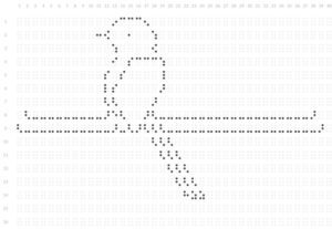 A bird shaped from braille dots that sits on a braille-branch.