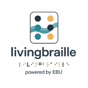 A logo with the name 'livingbraille'. At the top, there is a square icon with colored dots (black, yellow, and turquoise) resembling braille cell, with a wavy blue line running through them. Below the icon is the large text 'livingbraille'. Under this text, there is a line of braille symbols with the same text represented by colored dots. At the very bottom, in smaller letters, it says 'powered by EBU'. The overall design is simple, modern, and focused on the theme of braille and accessibility.'