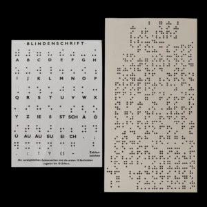 In the first image, you simply see the alphabet and the Braille text side by side in monochrome. 