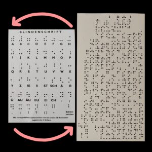 In the second image, two apricot-colored, slightly curved arrows have been added to symbolize the initial transfer and translation process. They point from the alphabet to the text and from the text to the alphabet. They are an apricot-friendly invitation and also indicate that the Braille text must be rotated 90° to be readable.