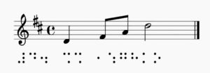 A staff in print notation shows a treble clef and two sharps for the key of D major, as well as the capital letter C, indicating a 4/4 time signature.
Then the notes D quarter note (crotchet), F-sharp eighth note (quaver), A eighth note (quaver), and high D are written.
Below the same passage appears in braille music notation.
⠼⠙⠲⠀⠩⠩⠀⠐⠱⠛⠓⠨⠕